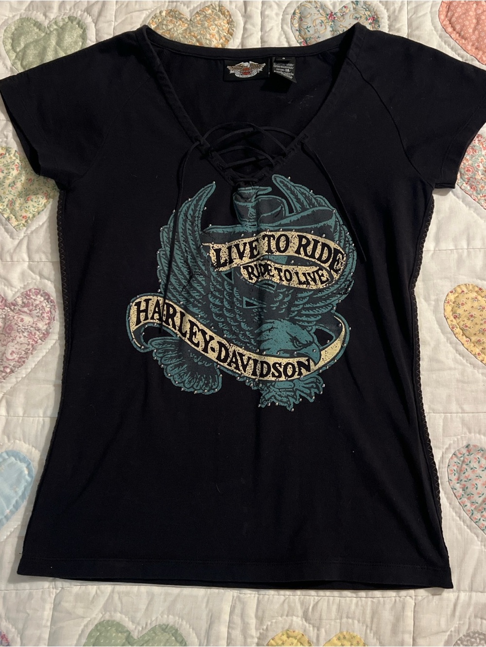 Harley Davidson Studded Live To Ride Graphic Vintage Y2K Baby Tee Size Small